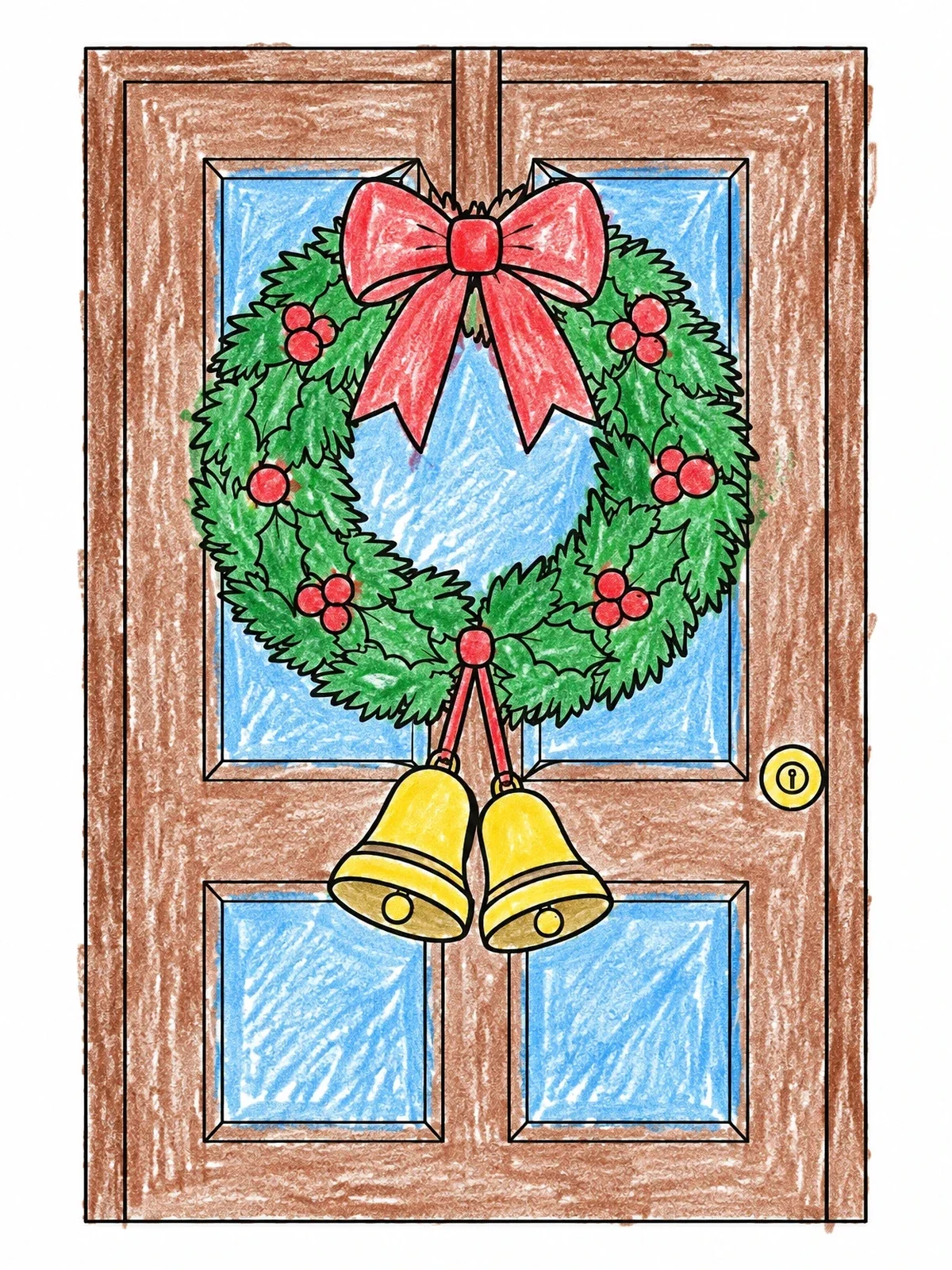 Colored example of the Holiday Wreath With Ringing Bells coloring page