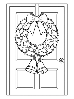 A festive holiday wreath hangs on a front door in this bell coloring page.