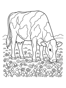 A spotted cow coloring page grazing in a lush pasture filled with clover.