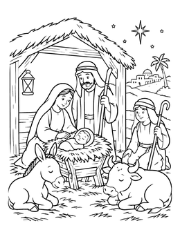 Holy family with animals in a stable nativity coloring page