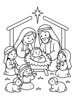 A cute nativity coloring page showing Mary, Joseph, children, and lambs around baby Jesus.