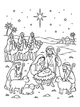 A peaceful nativity coloring page featuring Mary, Joseph, baby Jesus, shepherds, and wise men.