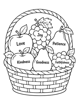 A holy spirit coloring page showing a woven basket filled with fruits labeled with biblical virtues.