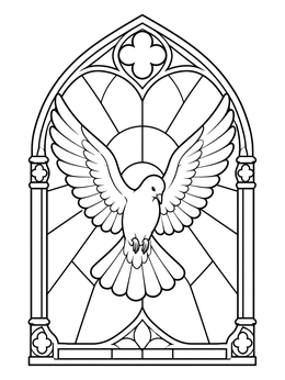A holy spirit coloring page depicting a dove in flight inside an arched Gothic stained glass window frame.