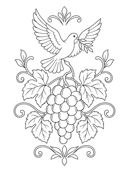 A peaceful holy spirit coloring page showing a dove hovering over a lush cluster of grapes.