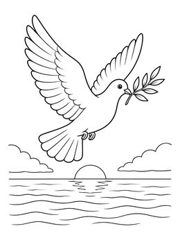 A peaceful holy spirit coloring page showing a dove flying over the ocean at sunrise.