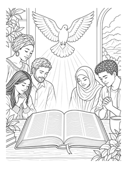 People praying around an open Bible under a dove in this holy spirit coloring page.