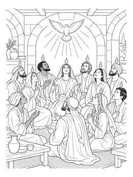 A holy spirit coloring page showing the descent of the dove upon the disciples in the upper room.