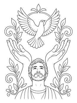 A holy spirit coloring page with an ascending dove, open hands, and decorative leaves.