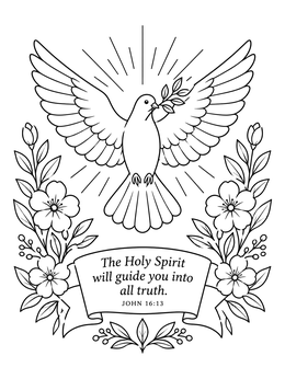 A serene dove with an olive branch on this Holy Spirit coloring page with scripture.