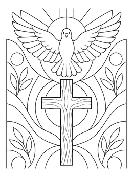 A holy spirit coloring page showing a flying dove with outstretched wings above a wooden cross.