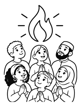 Free printable Pentecost Flame Above Praying People coloring page