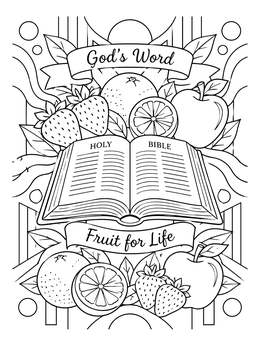 An open Bible framed by fruits on this holy spirit coloring page.