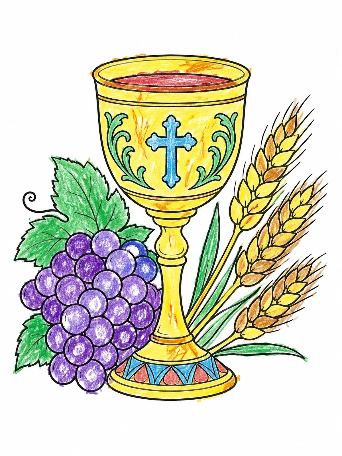 Colored example of the Communion Chalice With Grapes And Wheat coloring page