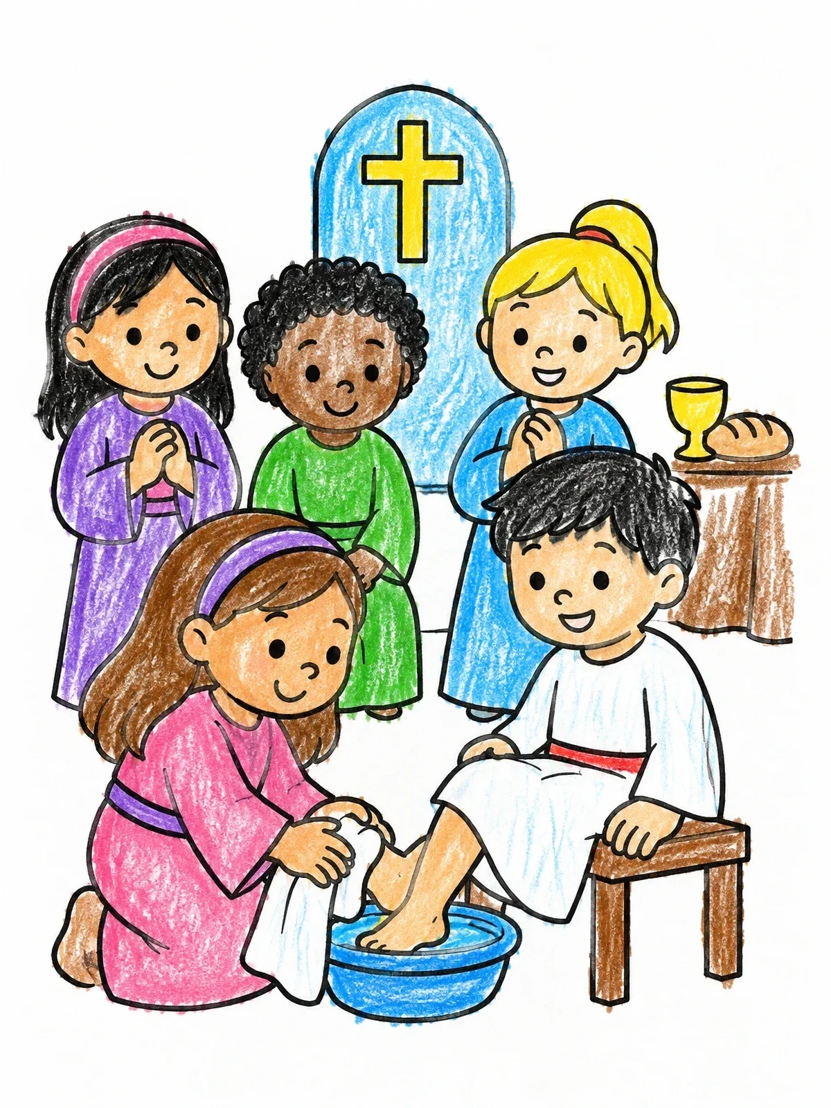 Colored example of the Children Washing Feet For Holy Thursday coloring page