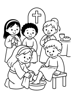 Free printable Children Washing Feet For Holy Thursday coloring page