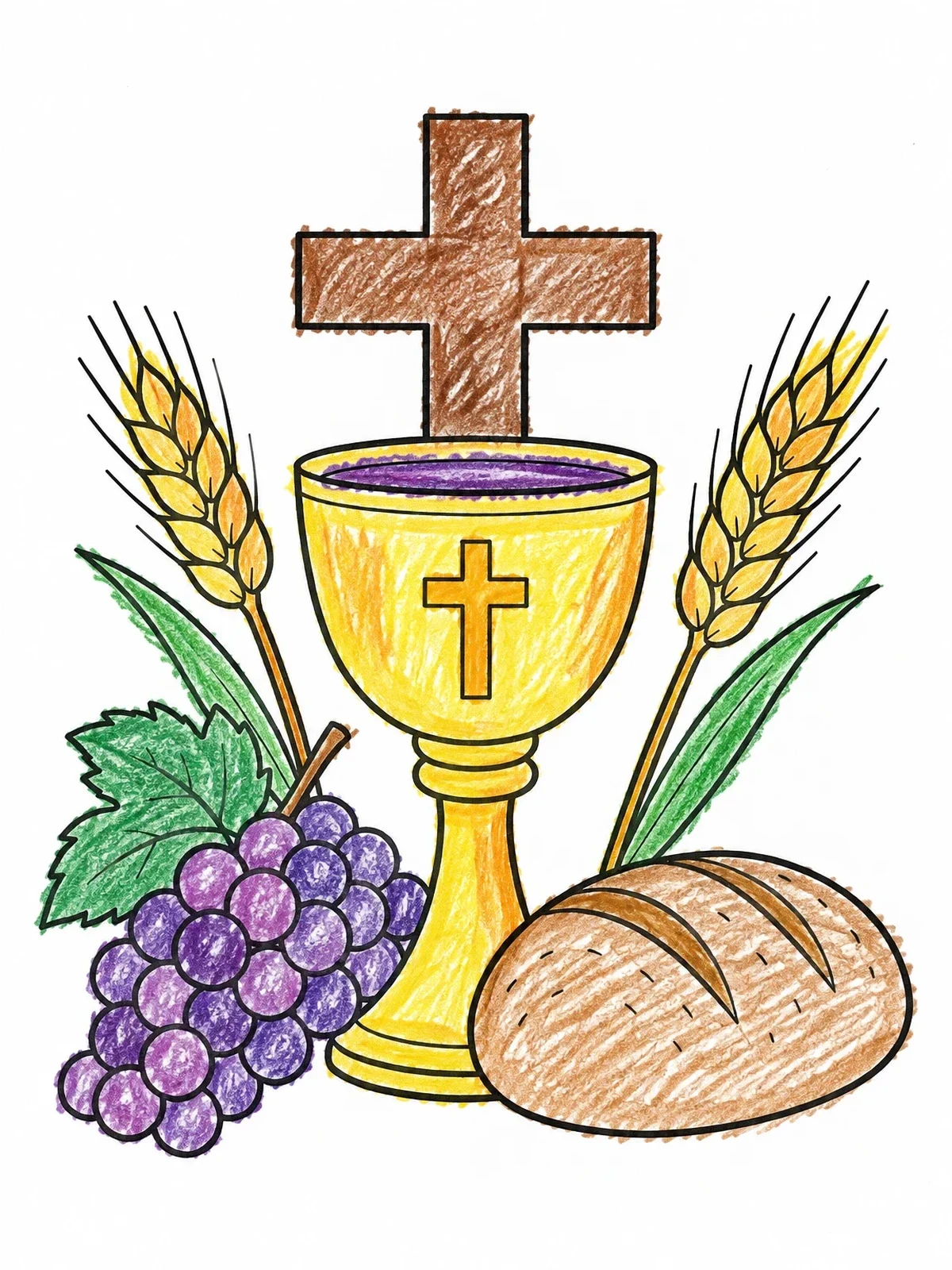 Colored example of the Communion Chalice, Bread And Cross coloring page