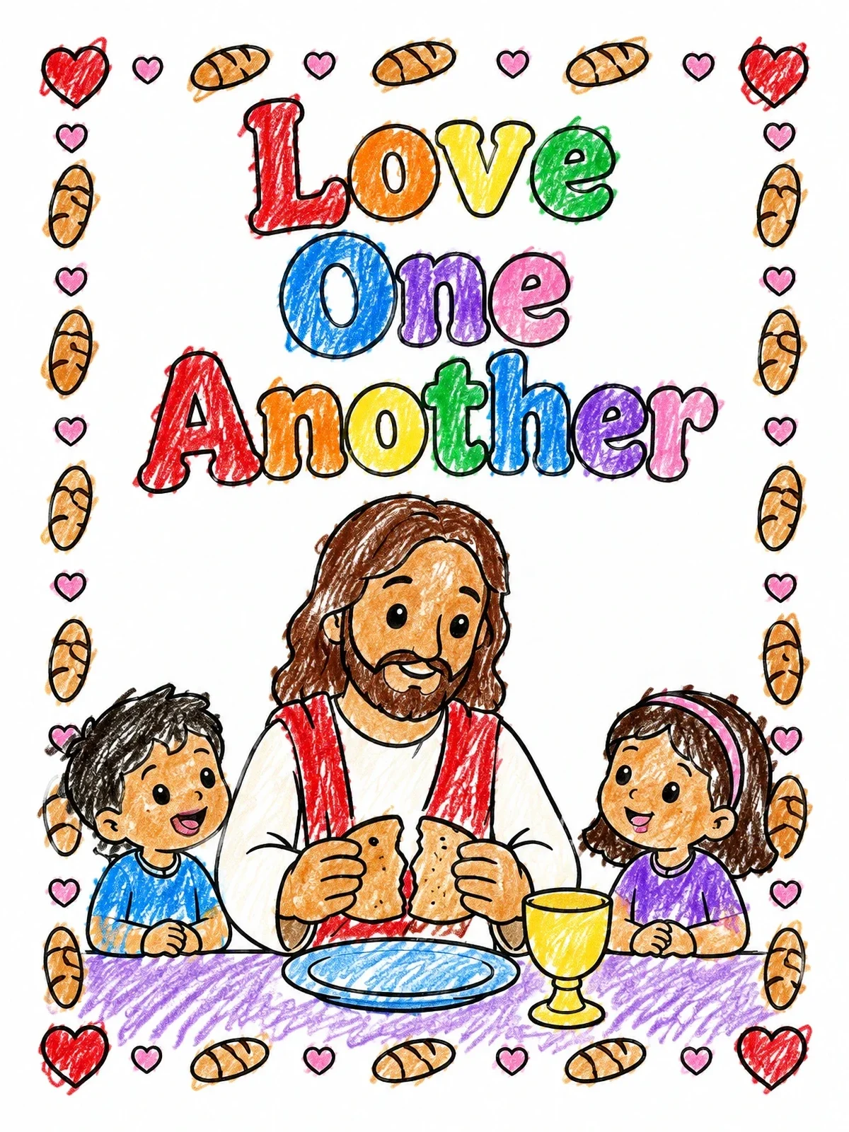 Colored example of the Jesus Breaking Bread With Children coloring page