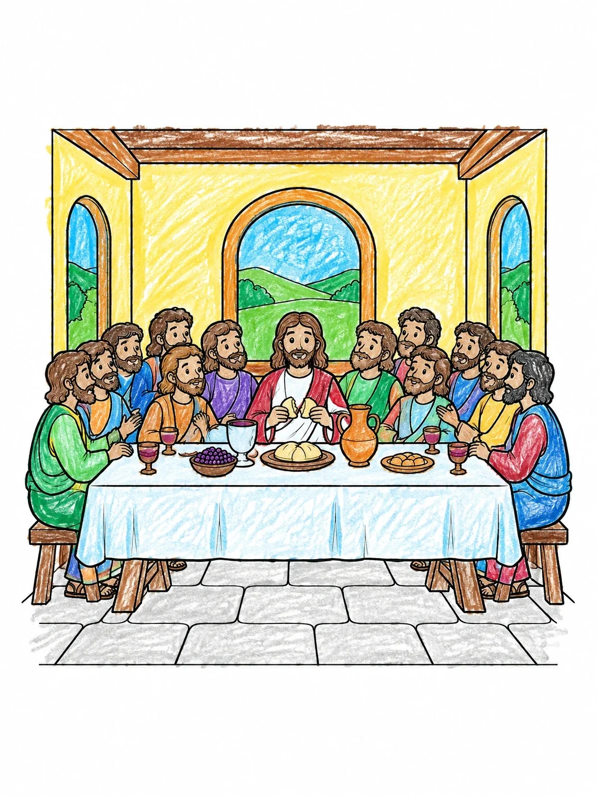 Colored example of the The Last Supper With Disciples coloring page