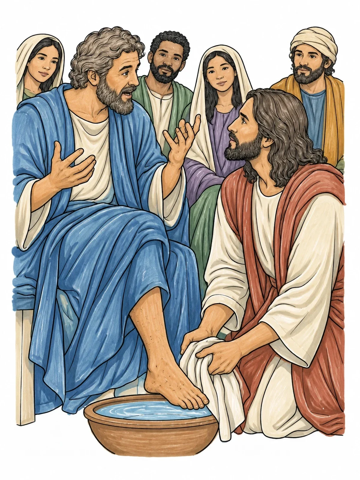 Colored example of the Jesus Washing Peter's Feet coloring page