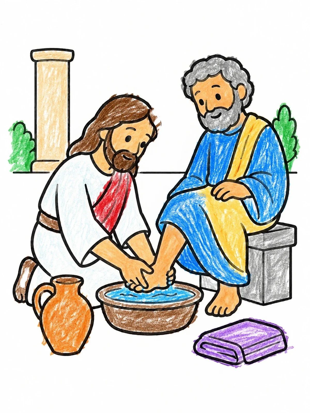 Colored example of the Jesus Washing Saint Peters Feet coloring page