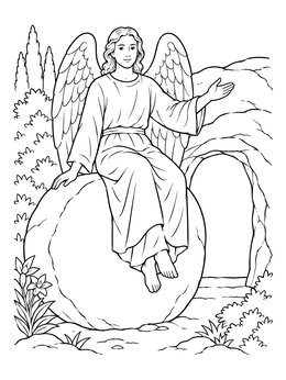 An angel sits upon the rolled stone outside the tomb in this holy week coloring page.