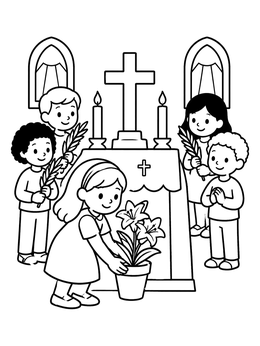 Free printable Children Decorating Church Altar coloring page