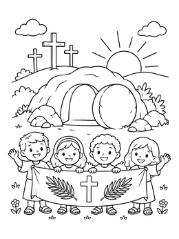 Free printable Children Celebrating Easter Sunrise At Tomb coloring page