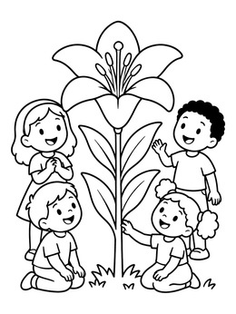 Free printable Children Admiring A Giant Easter Lily coloring page