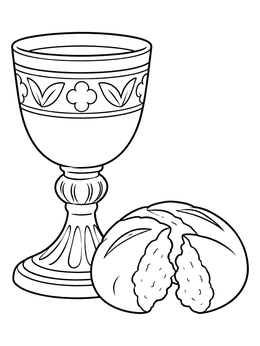 A holy week coloring page with a detailed communion chalice and a loaf of broken bread.