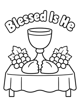A simple holy week coloring page showing a chalice, bread, and grapes on a table.