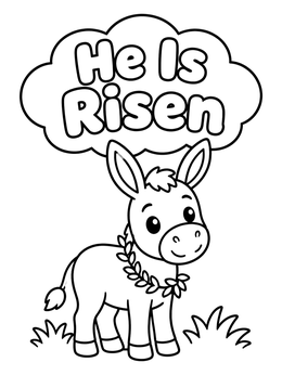 Free printable Cute Easter Donkey With He Is Risen Sign coloring page