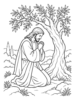 Jesus kneels in prayer under an olive tree in this holy week coloring page.