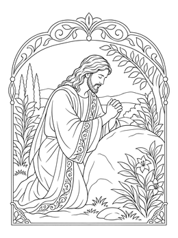 A serene holy week coloring page depicting Jesus kneeling in prayer beside a rock in Gethsemane.