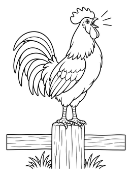 A rooster crowing on a wooden fence post in this holy week coloring page.