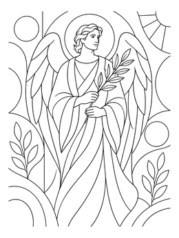 A holy week coloring page showing a graceful angel holding an olive branch against stained glass patterns.