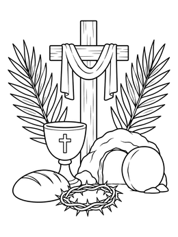A meaningful holy week coloring page featuring the cross, chalice, crown of thorns, and tomb.