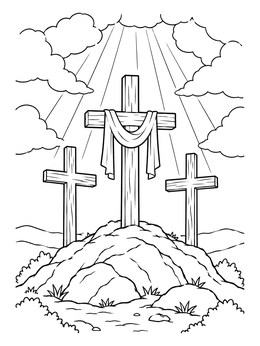 Three wooden crosses stand on a hill in this holy week coloring page under bright sunbeams.