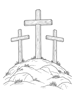 Three wooden crosses stand on a grassy hill in this holy week coloring page.