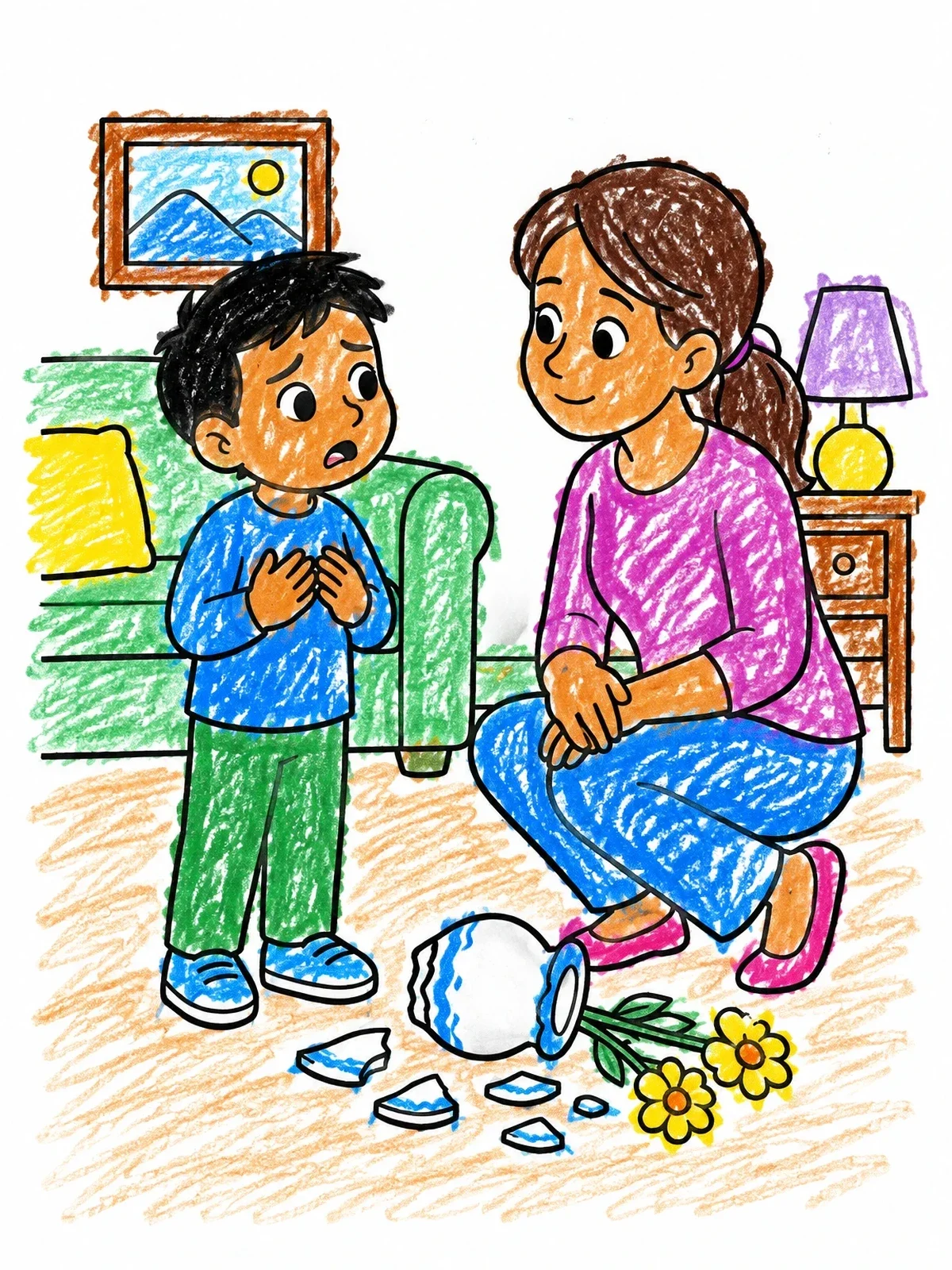 Colored example of the Boy Confessing To Broken Vase coloring page