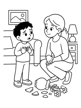 Free printable Boy Confessing To Broken Vase coloring page