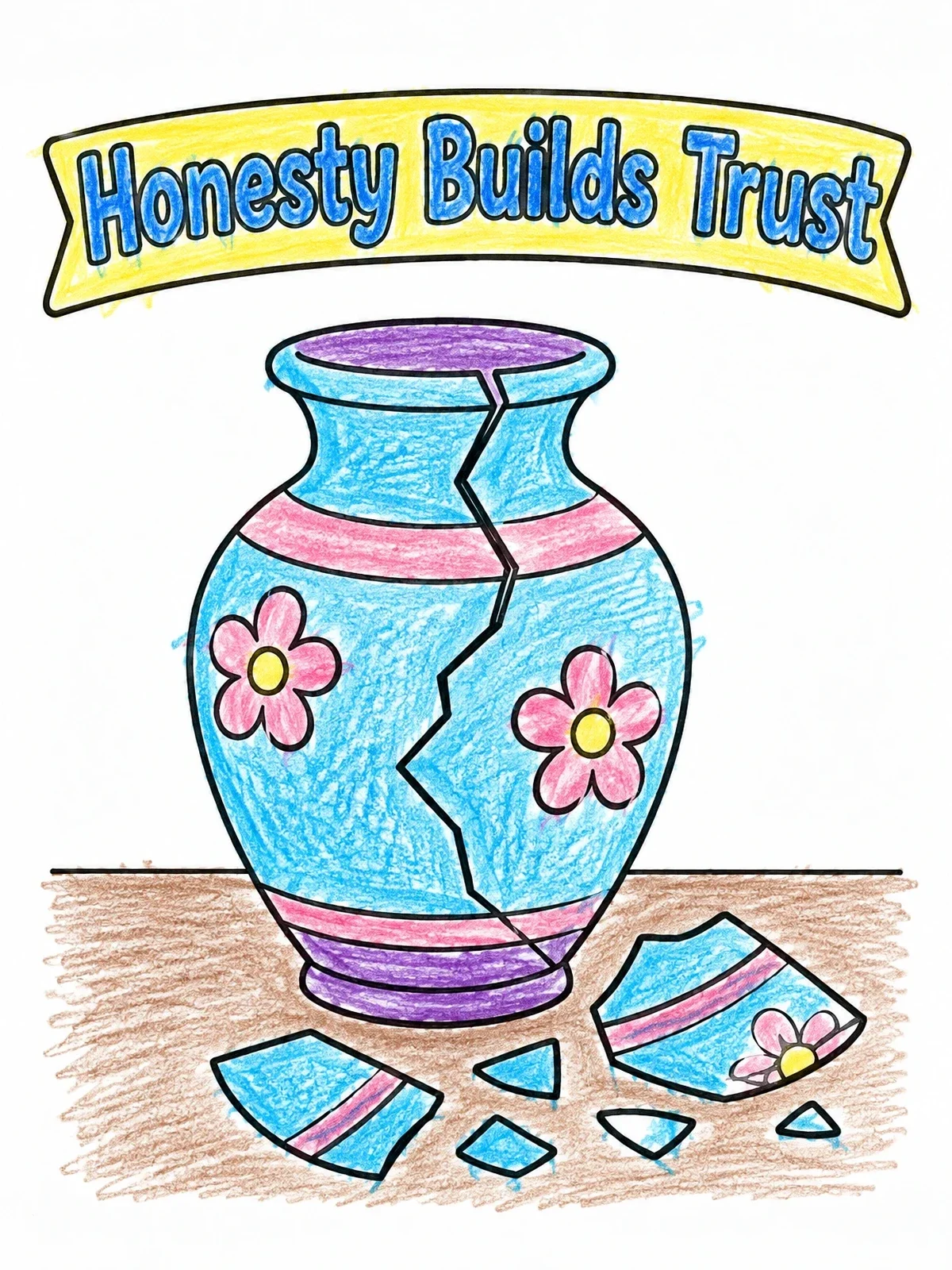 Colored example of the Honesty Builds Trust Broken Vase coloring page