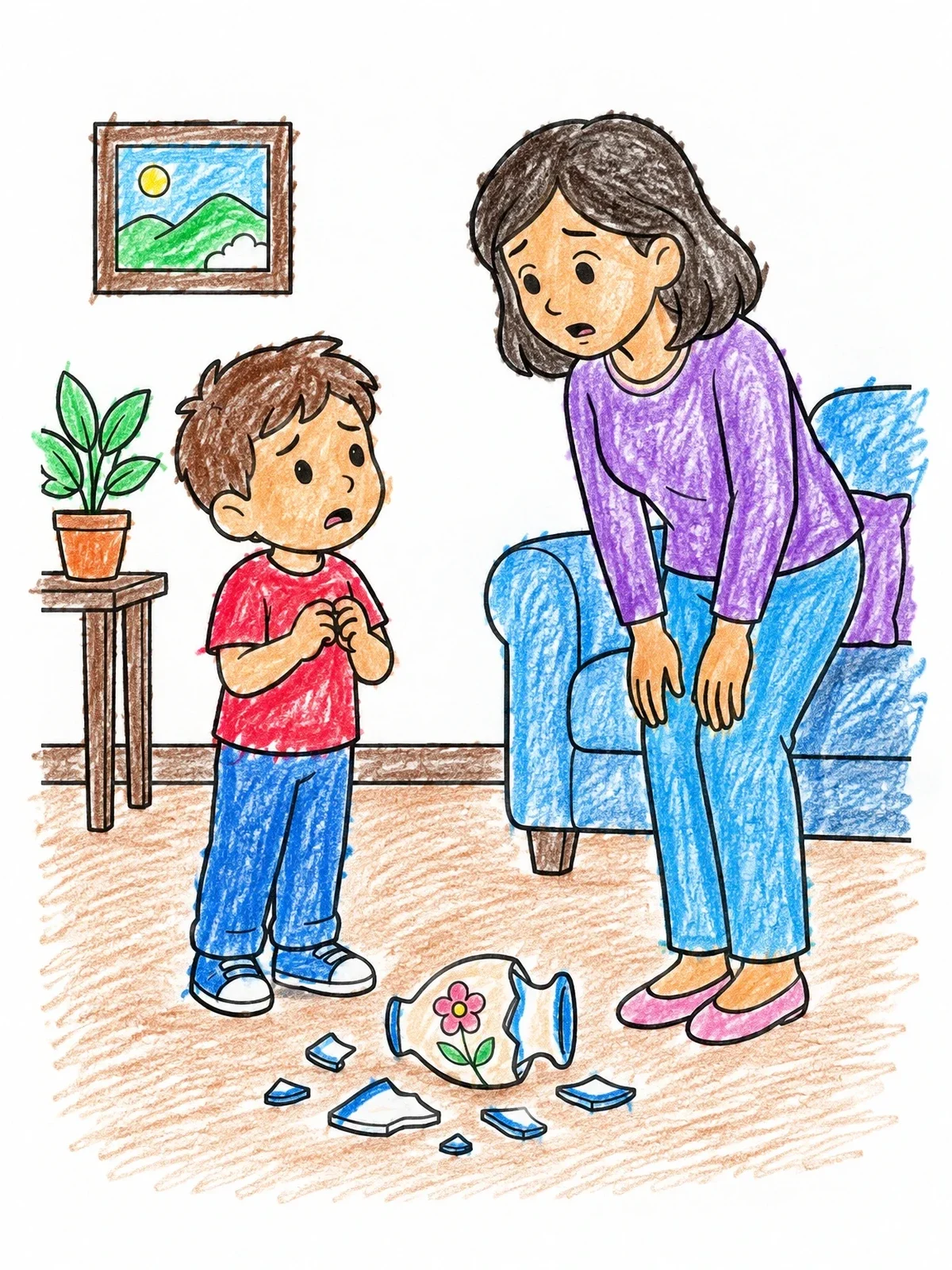Colored example of the Child Admitting Broken Vase coloring page