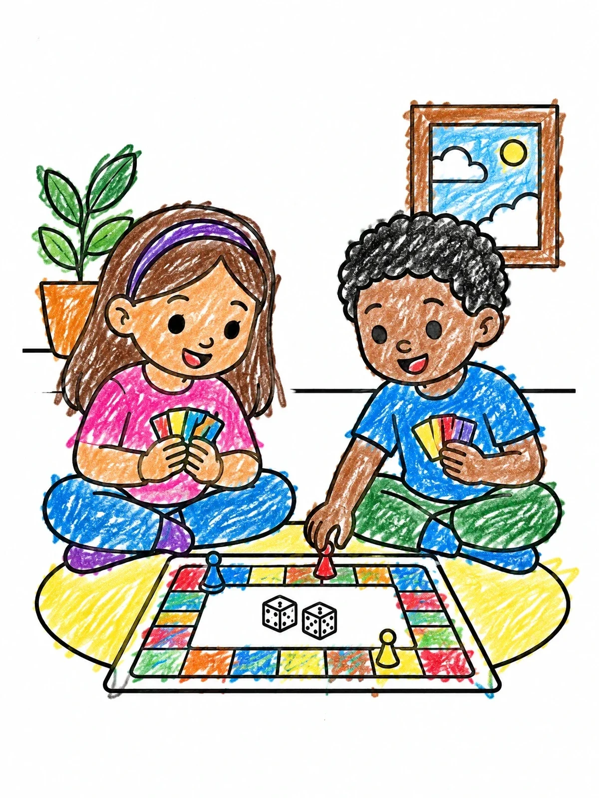 Colored example of the Children Playing Fair Board Game coloring page