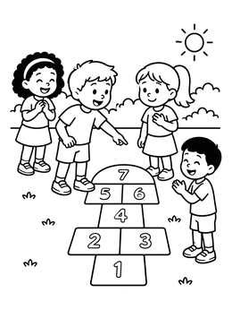 Free printable Children Playing Fair Hopscotch Game coloring page