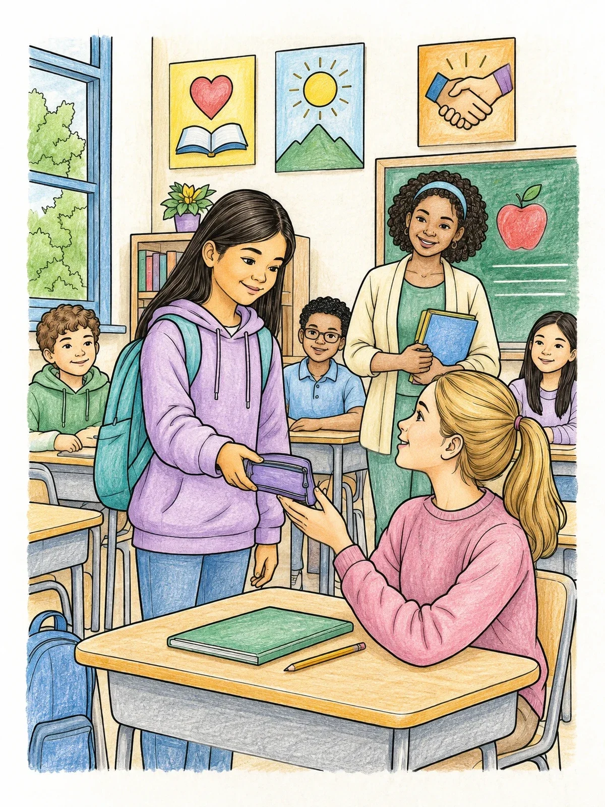 Colored example of the Returning A Lost Pencil Case coloring page