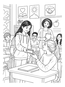 A student returns a lost pencil case in this honesty coloring page featuring a classroom scene.
