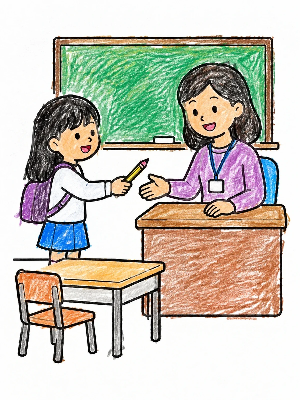 Colored example of the Student Returning A Found Pencil To Teacher coloring page