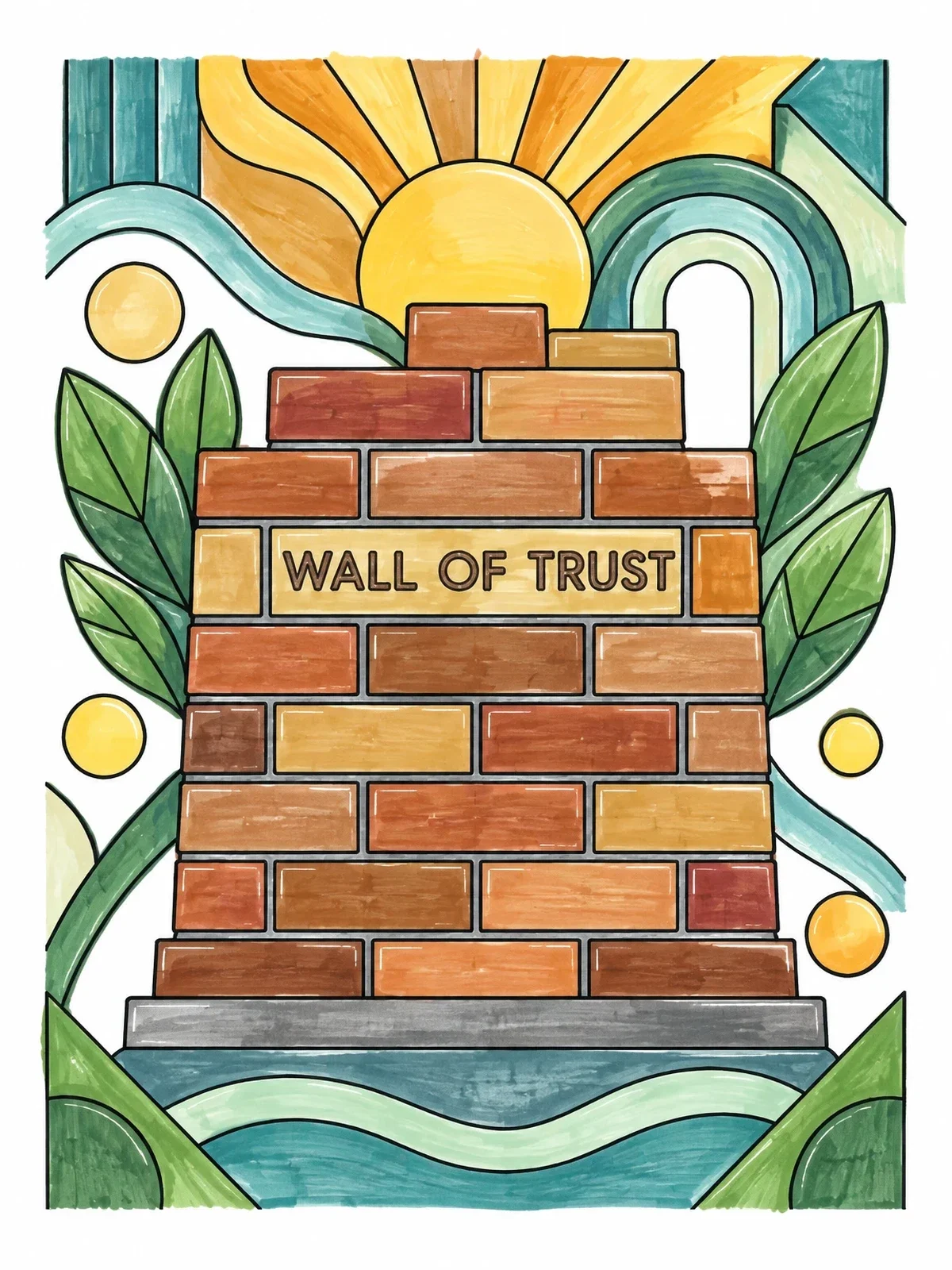 Colored example of the Wall Of Trust Brickwork coloring page