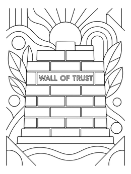 A solid brick structure labelled Wall of Trust in this honesty coloring page.